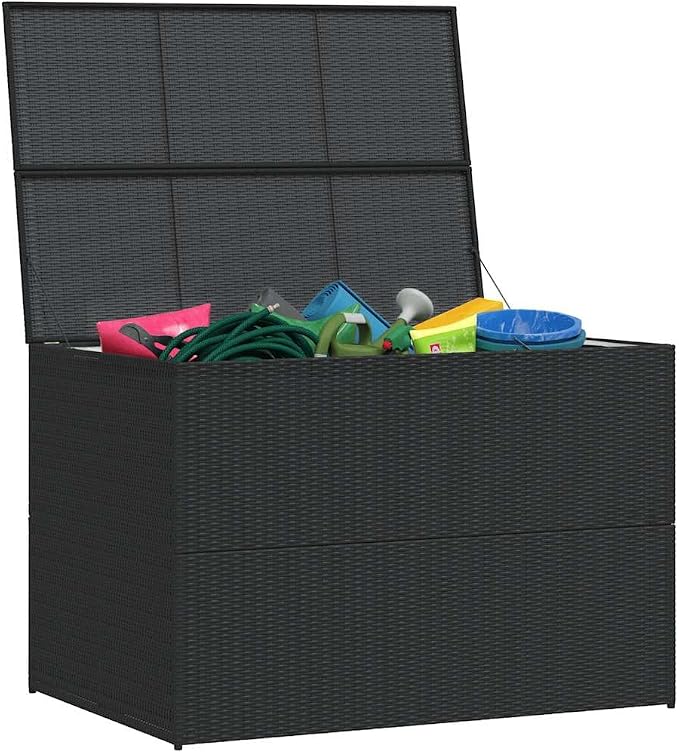 Large Outdoor Storage Box, 59 Inch Black PE Rattan Deck Box with Powder-Coated Steel Frame, Rectangular Garden Organizer for Patio Cushions, Tools and Backyard Supplies