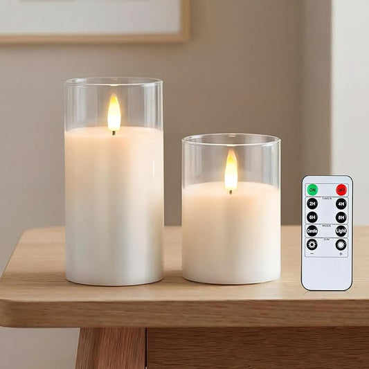 Amagic 3"x4"6" Clear Glass Flameless Candles Battery Operated with Timer, Remote Control, LED Pillar Candles, Battery Powered, Valentine's Day Decor, Pure White Wax, Set of 2