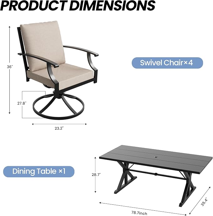 5 Pieces Patio Dining Set Outdoor Conversation Set,Metal Outdoor Furniture Set with Umbrella Hole Cut-Out 78.7" x 35.4" Table and 4 Metal Backrest Swivel Chairs for Backyard,Garden,Sand
