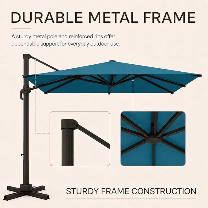 Kingdura 10x10 FT Cantilever Patio Umbrella with Base Included, Large Square Aluminum Offset Outdoor Pool Umbrella, 360° Rotation & 4-Position Tilt, UV Protection for Deck Backyard (Lake blue)
