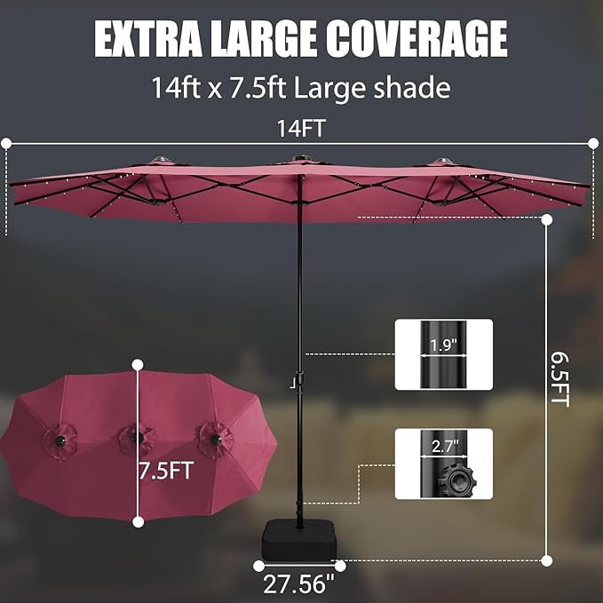 CHABATREE 15FT Double-Sided Patio Umbrella with Base Included, Large Outdoor Rectangular Market Umbrella for Backyard, Poolside, Lawn & Garden, Red