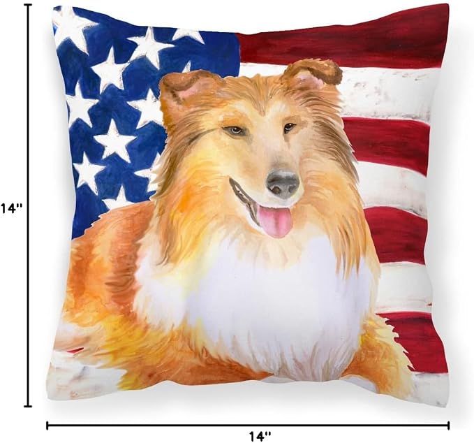 Caroline's Treasures BB9720PW1414 Sheltie Patriotic Fabric Decorative Pillow Machine Washable, Indoor Outdoor Decorative Pillow for Couch, Bed or Patio, 14Hx14W