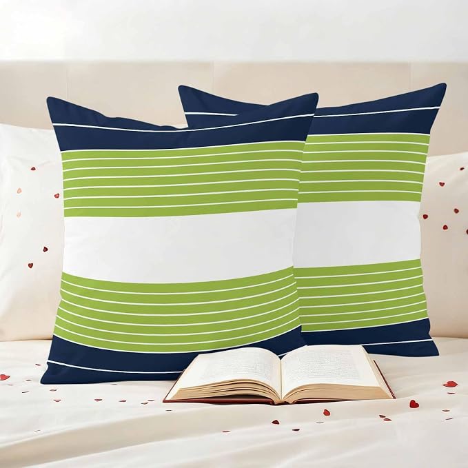Outdoor Pillow Covers Set of 2, Navy Blue Green Striped Decorative Throw Pillow Covers 18X18IN, Gradient Watercolor Streak Throw Pillows Protector Cushion Case for Patio,Couch,Sofa,Garden