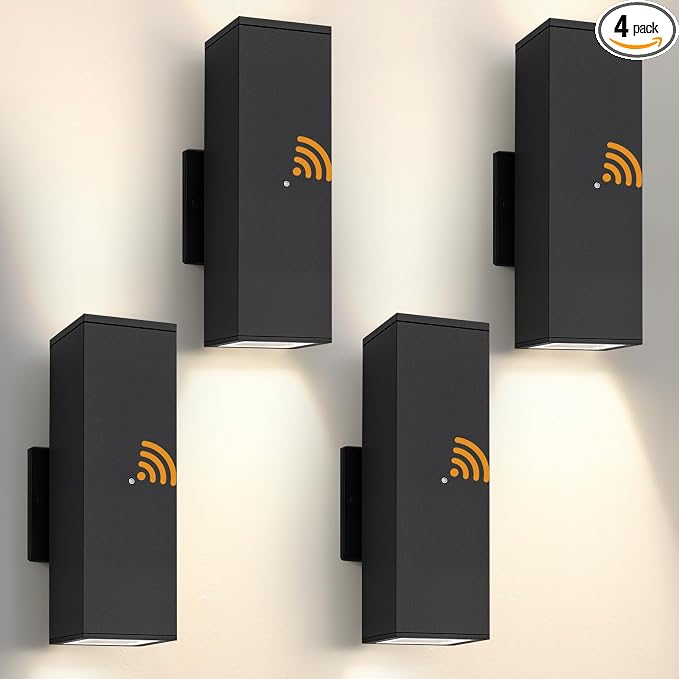 Dusk to Dawn Outdoor Lighting, LED Square Up and Down Outdoor Sconce Lights, Matte Black Exterior Lighting Fixtures with 7W LED Bulbs, Front Porch Lights for house, Garage, Patio, Doorway, 4 Pack