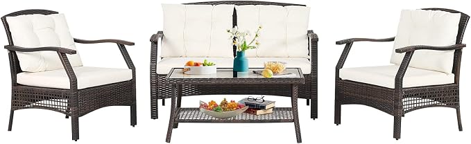 HAPPYGRILL 4 Piece Outdoor Rattan Conversation Set, Patio Rattan Sofa Set with Protective Cover, Soft Seat & Back Cushions, Patio Furniture Set with Sturdy Steel Frame