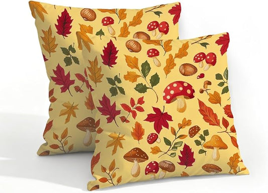 18x18 Inch Outdoor Pillow Covers Set of 2 Waterproof Throw Pillow Covers Decorative Couch Cushion Covers Mushrooms Leaves Fall Square Pillowcases Protectors for Patio Garden Sofa