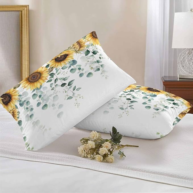 Vandarllin Outdoor Throw Pillows Covers 20x12 inch Set of 2 Waterproof Green Eucalyptus Leaves Decorative Zippered Cushion Covers for Patio Furniture, Watercolor Sunflower Lumbar Pillowcases
