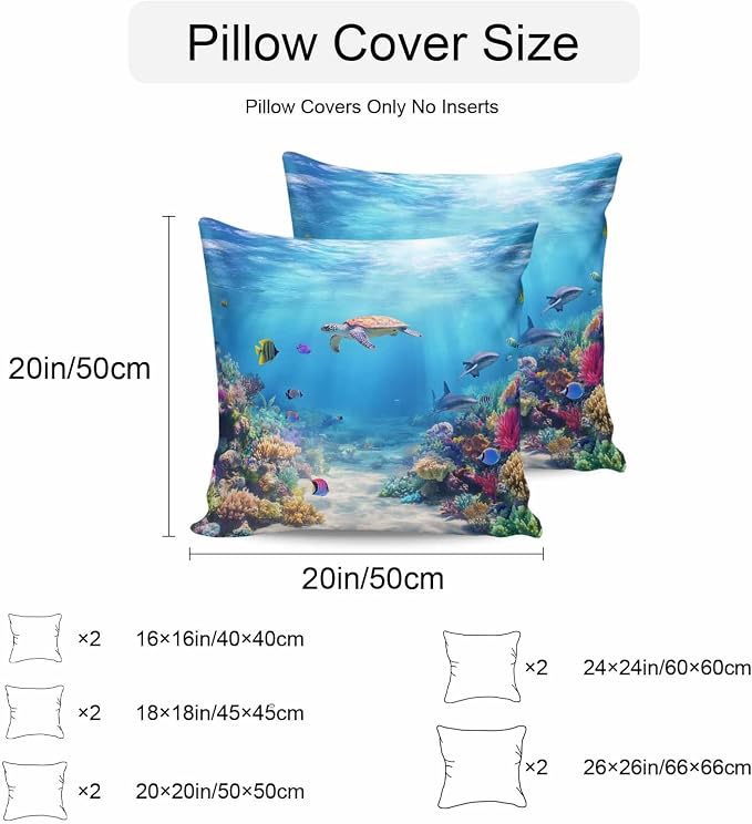 Ocean Turtle Waterproof Outdoor Pillow Covers Set of 2 Home Decor, Blue Beach Summer Dolphin Whale Coral Fish Pillowcase Patio Pillow Covers for Couch Bench Furniture Garden 20x20in