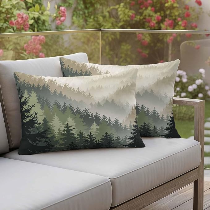 Mountains Outdoor Pillow Covers Waterproof, All Weather Cushion Case Set of 2, Watercolor Forest Nature Pine Trees Landscape Lumbar Pillowcase for Sofa Couch Bed Decor Patio Furniture 20"x12"