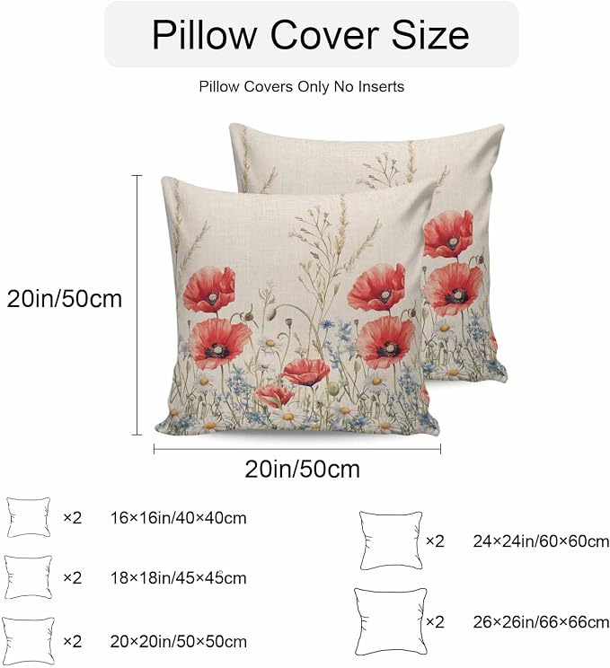 Red Poppy Flower Waterproof Outdoor Pillow Covers Set of 2 Home Decor, Patriotic Botanical Summer Floral Pillowcase Patio Pillow Covers for Couch Bench Furniture Garden 26x26in