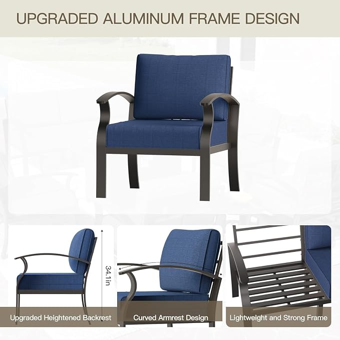 Aluminum Patio Furniture Set with Coffee Table,7 Seats Metal Modern Outdoor Furniture w/5.1" Thick Cushions, Sectional w/Swivel Chairs for Backyard,Navy