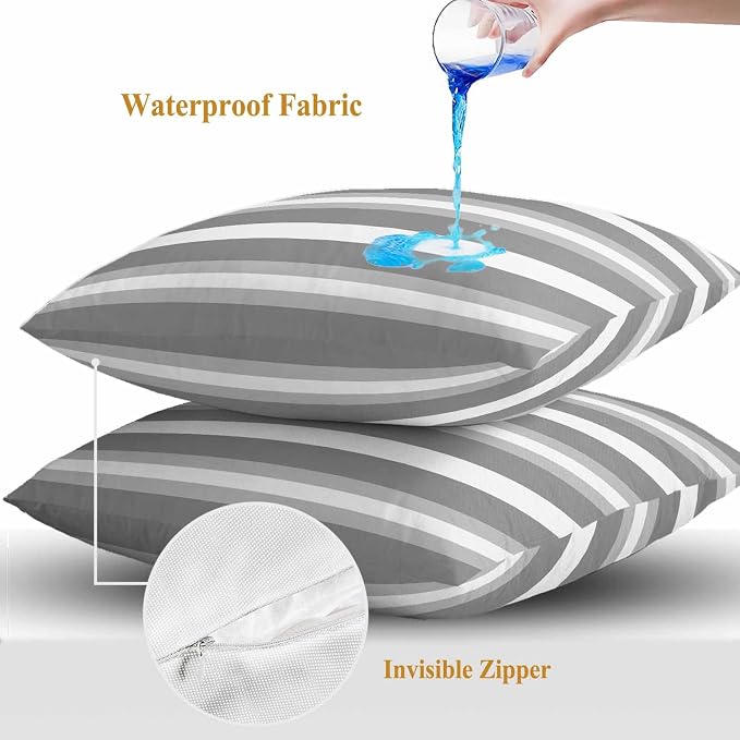 Throw Pillow Covers 16x16 Inch Set of 2, Grey Stripe Waterproof Outdoor Pillow Covers, Minimalist Farmhouse Striped Decorative Cushion Pillowcases for Couch, Sofa, Bed, Garden, Patio