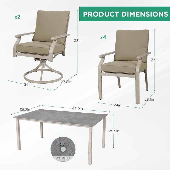7-Piece Patio Dining Set, Grey Food-Grade Sintered Stone Dining Table with Umbrella Hole, 4 Dining Chairs and 2 Swivel Chairs with Beige Removable Thickened Cushions for Garden Lawn Yard
