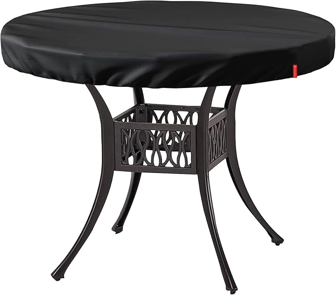 Outdoor Round Table Cover Waterproof UV-Resistant for 48 Inch Diameter Patio Tables - Heavy Duty Weatherproof Table Top Protector with Elastic Hem (Black)