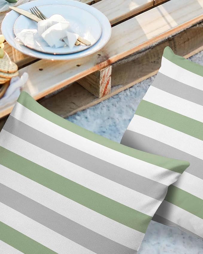 Outdoor Waterproof Throw Pillow Covers 20x20Inch, Spring Stripes Sage Green Cushions for Garden Patio Furniture Chairs Set of 2, Grey Home Decor Couch Sofa Polyester Pillow Cases