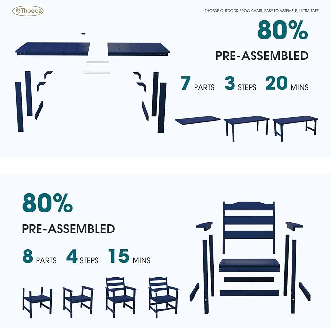 THOEOE 7 Piece Outdoor Dining Set, Patio Dining Table and 6 Chairs, All-Aluminum Frame, All-Weather HDPE Outdoor Furniture with Umbrella Hole for Garden, Lawn, Poolside, Navy Blue