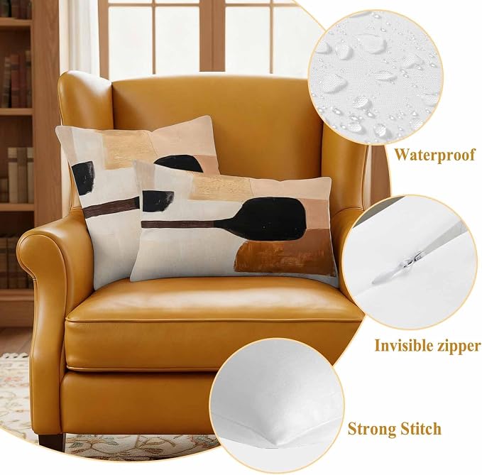 Beige Black Outdoor Waterproof Throw Pillow Covers Set of 2, 26"x26", Brown Abstract Art Graffiti Color Block Modern Decorative Pillow Covers Outside Cushion Case for Patio Porch Garden