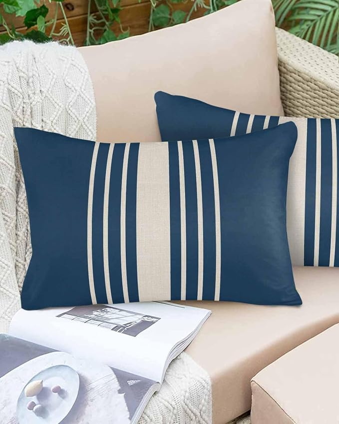 Vandarllin Outdoor Throw Pillows Covers 20x12 inch Set of 2 Waterproof Navy Blue Vertical Stripes Decorative Zippered Cushion Covers for Patio Furniture, Classic Striped Linen Lumbar Pillowcases