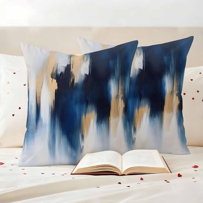 Abstract Watercolor Outdoor Pillow Covers Set of 2 Gold Blue Gradient Graffiti Art Waterproof Throw Pillow Cover Decorative Cushion Cases for Patio Porch Garden 16X16 Inch