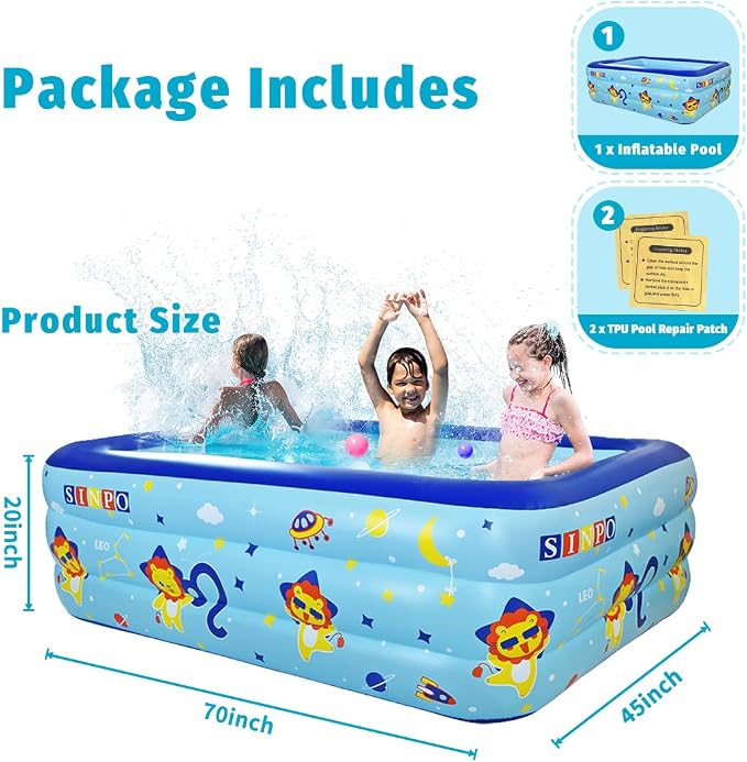 Seasons Inflatable Pool for Kids 70"x45"x20" PVC Thickened Swimming Pool for Summer Garden & Outdoor Backyard Water Parties