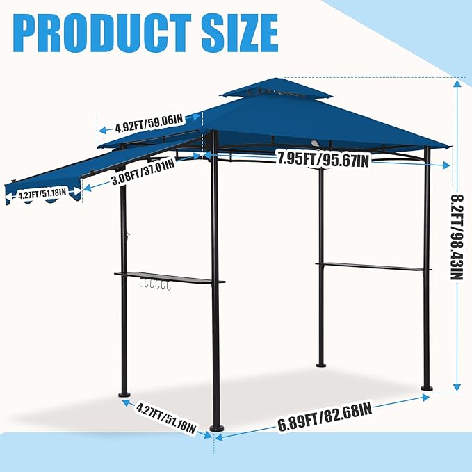 FAB BASED 5x8 Grill Gazebo with Extra Awning, All-Weather Steel Construction, Double Tiered & Resistant Canopy Roof, Metal Serving Shelves, 2 LED, Bottle Opener for Patio, Backyard, BBQ (Blue)