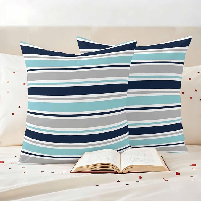Grey Blue Striped Outdoor Pillow Cover 20x20 Inch Cushion Sham Case, Farmhouse Stripes Abstract Art Navy Blue Waterproof Decorative Square Throw Pillowcase for Outside Garden Patio Porch Couch Chair
