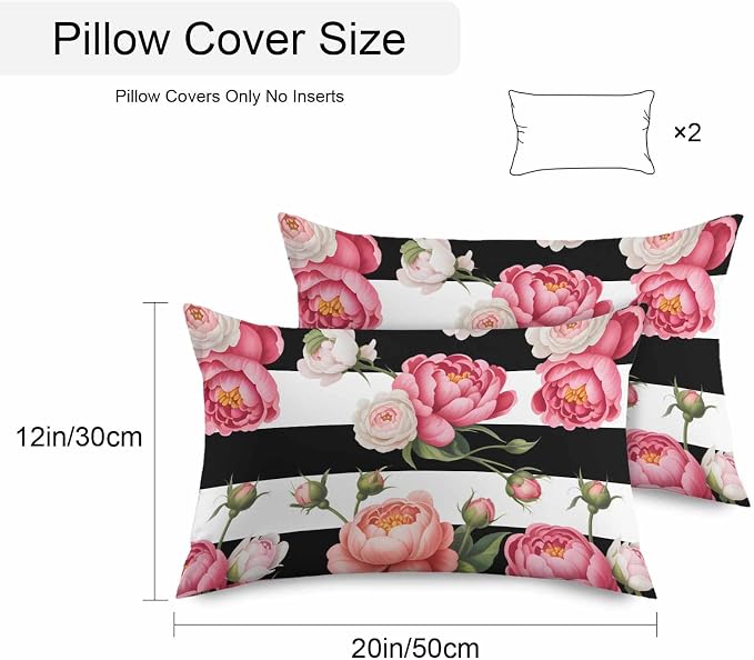 Outdoor Waterproof Throw Pillow Covers Set of 2 Pink Peony Rose Lumbar Pillowcases 20x12 Inches Floral Black Stripes Decorative Pillows Cushion Case Patio Pillows for Couch Bed Chair Garden
