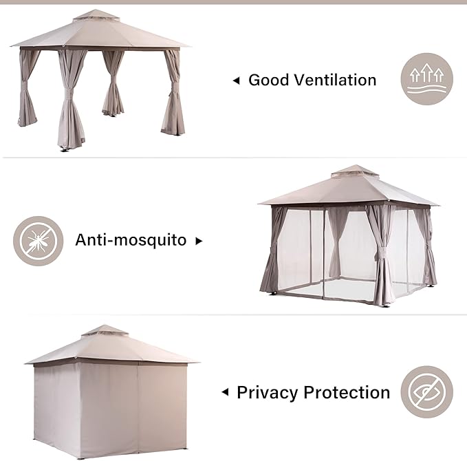 LAUSAINT HOME 10'x10' Outdoor Gazebo, Metal Frame Heavy Duty Patio Canopy Tent Shelter with Double Roofs, Mosquito Nettings and Privacy Screens for Backyard, Garden, Lawn, Khaki