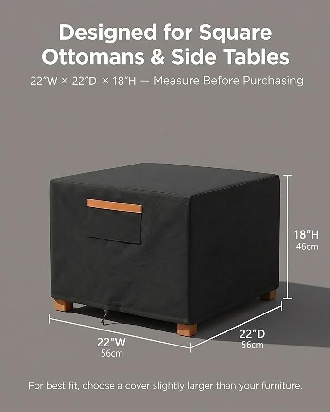 Waterproof Patio Ottoman Cover, 600D Heavy Duty Outdoor Furniture Cover for Square Side Table or Coffee Table, Windproof Secure Fit with Air Vents, All-Weather UV & Rain Protection, Black 22x22x18 in