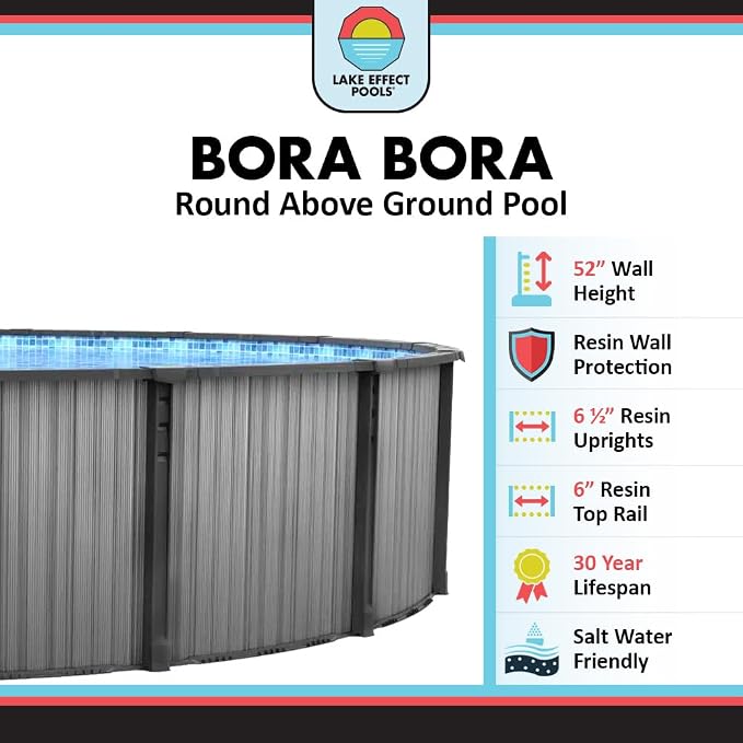 Lake Effect Pools 'Bora Bora' 15 ft Round Above Ground Swimming Pool | 52 Inch Resin Protected Steel Sided Walls | Bundle Includes: 25 Gauge Overlap Liner & Widemouth Skimmer