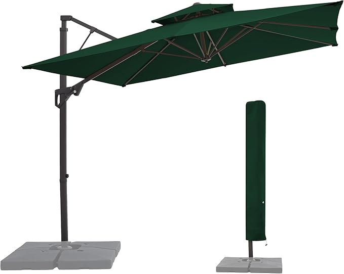 JEAREY 12ft 2-Tier Cantilever Patio Umbrella, Large Square Outdoor Offset Umbrella with Double Top Vent and 360-degree Rotation for Garden, Deck, Pool, Patio, Dark Green