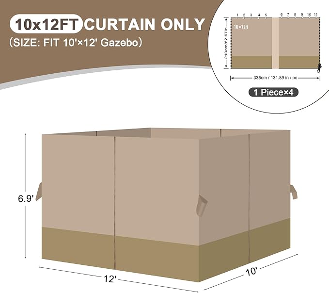 Aoodor 10x12 ft Outdoor Gazebo Curtains, 4 Panels Waterproof Privacy Sidewall Replacement with Zipper for Patio Pergola and Canopy, Sand Yellow and Khaki
