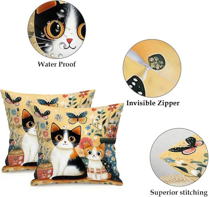 20x20 Inch Outdoor Pillow Covers Set of 2 Waterproof Throw Pillow Covers Decorative Couch Cushion Covers Charming Boho Floral Cats Square Pillowcases Protectors for Patio Garden Sofa