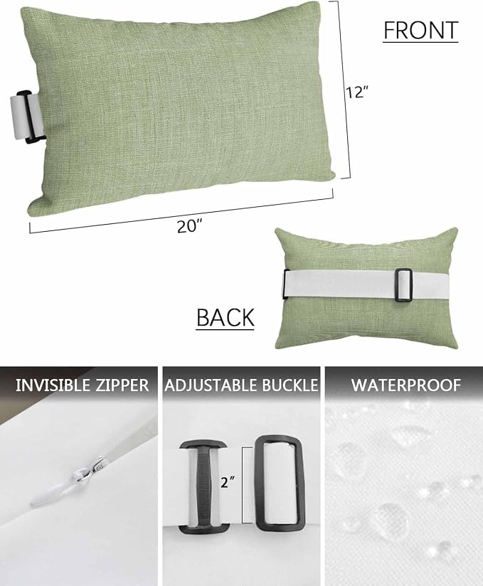 Outdoor Pillow for Chaise Lounge Chair Sage Green Rustic Vintage Burlap Texture Outdoor Pillows Waterproof with Adjustable Strap Headrest Lumbar Pillows for Garden Patio Furniture 1 Pack 12" x 20"