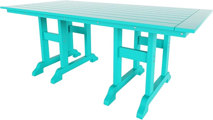 WestinTrends Dylan Adirondack Outdoor Dining Set for 6, All Weather Poly Lumber Patio Table and Chairs Set of 6, 71" Trestle Outdoor Table and Seashell Adirondack Dining Chair, Turquoise