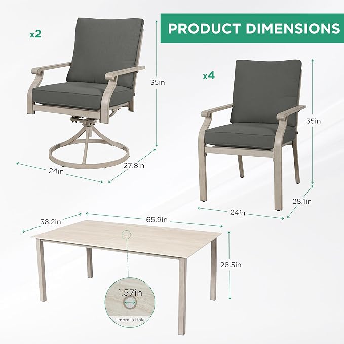 7-Piece Patio Dining Set, White Food-Grade Sintered Stone Dining Table with Umbrella Hole, 4 Dining Chairs and 2 Swivel Chairs with Grey Removable Thickened Cushions for Garden Lawn Yard