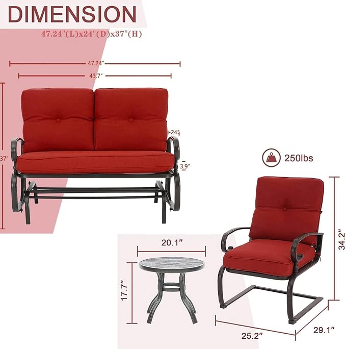 4 Pieces Metal Outdoor Furniture Patio Conversation Set, Glider Chairs Set with Round Side Table, Spring Lounge Chair Sets Metal Frame Wrought Iron Look (Red)