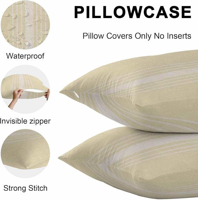 Cream Beige Striped Outdoor Pillow Covers 20x12 Inch Lumbar Pillow Covers Set of 2 Waterproof Decorative Throw Pillow Cases Modern Farmhouse Retro Lines Cushion Covers for Patio Furniture Garden Couch
