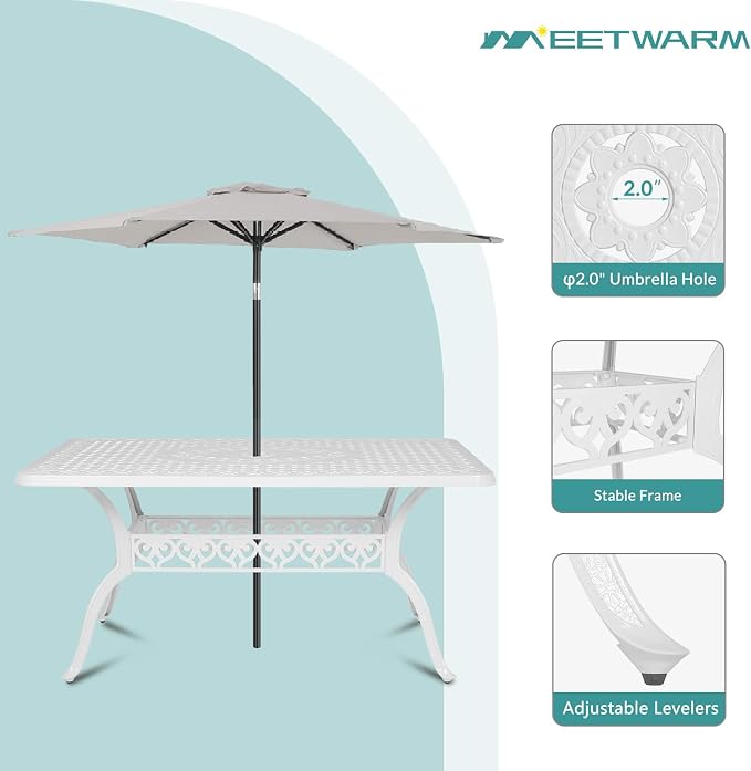 MEETWARM 7-Piece Outdoor Patio Dining Set, 6 Outdoor Dining Cushioned Chairs and 1 Rectangle Table with 2" Umbrella Hole, All Weather Cast Aluminum Patio Funiture Set for Backyard, Patio(White)