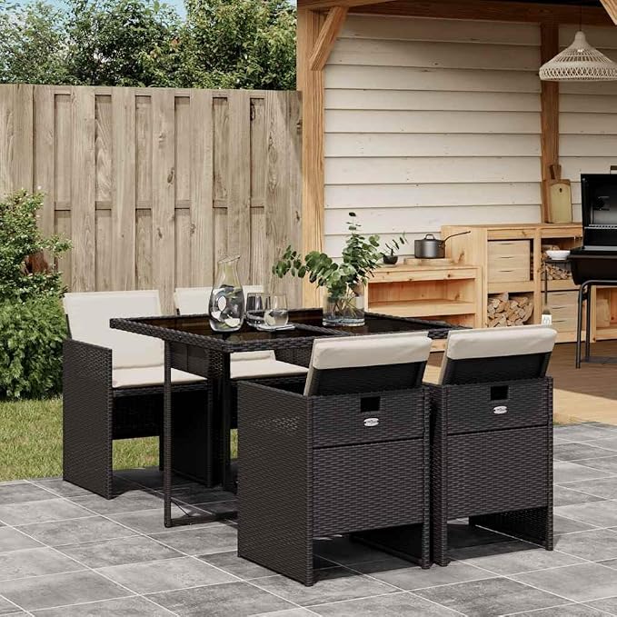 5-Piece Garden Dining Set with 4 Cushioned Chairs and 1 Table, Outdoor PE Rattan Furniture for Patio Balcony and Terrace, Modern Wicker Dining Set for 4 People, Black and Cream White