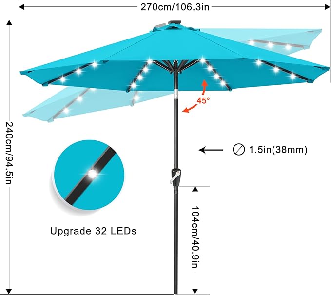 ABCCANOPY Durable Solar Led Patio Umbrellas with 32LED Lights 9FT (Turquoise)