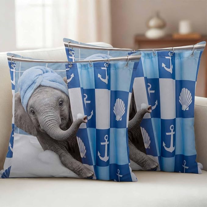 Bathing Elephant Waterproof Outdoor Pillow Covers Set of 2 Home Decor, Funny Animal Showering Pillowcase Patio Pillow Covers for Couch Bench Patio Furniture Garden 26x26in