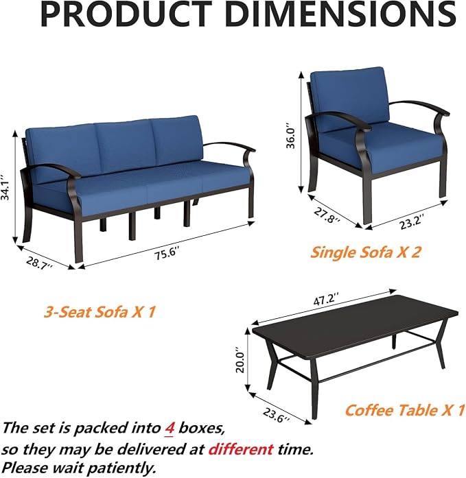Gotland Aluminum Patio Furniture Set with Rectangular Coffee Table, Metal Patio Furniture with 5 Seats Waterproof 5.1'' Seat Cushions, Outdoor Sectional Patio Conversation Sets for Balcony Navy