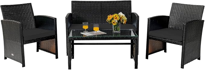Tangkula 4 Pieces Rattan Furniture Set, Outdoor Conversation Set w/Chair & Loveseat & Tempered Glass Coffee Table, Suitable for Garden, Backyard, Poolside, Patio Furniture Set for 4 (1, Black)