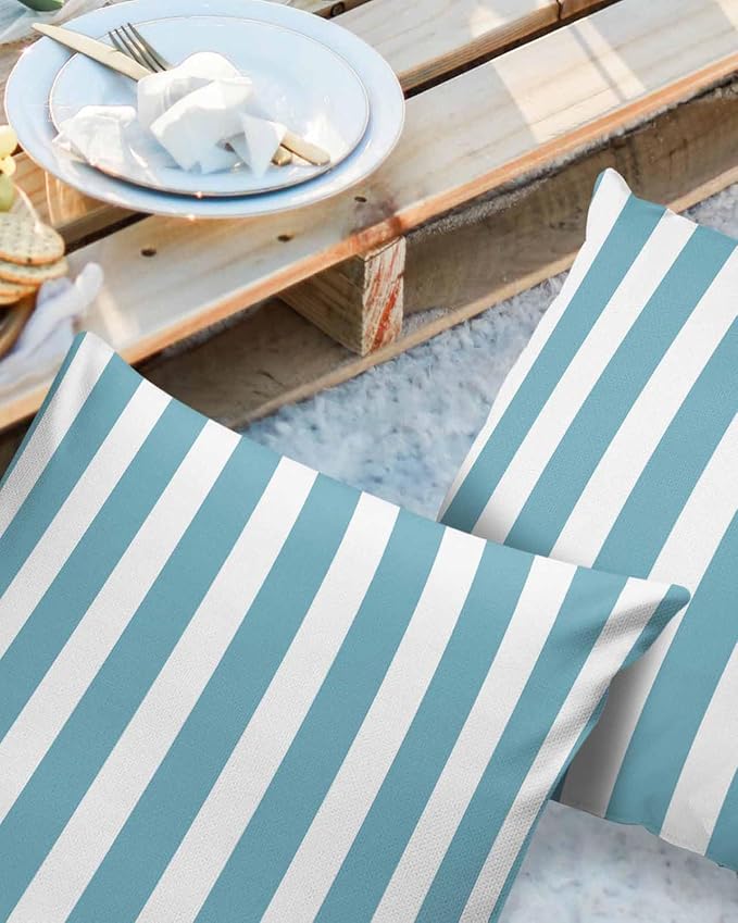 Outdoor Waterproof Throw Pillow Covers 24x24in, Aqua Green Striped Cushions for Garden Patio Furniture Chairs Set of 2, Geometric Line Home Decor Couch Sofa Polyester Pillow Cases