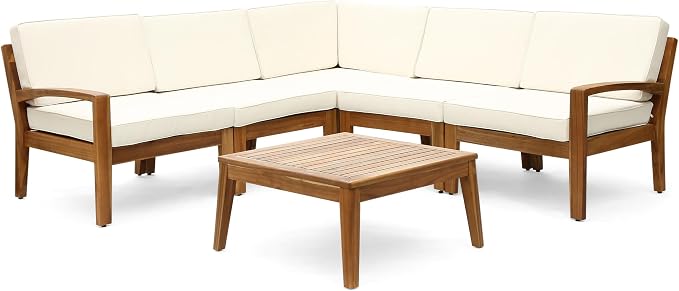 Christopher Knight Home Grena Outdoor Acacia Wood 5 Seater Sectional Conversation Set with Coffee Table, Teak and Beige