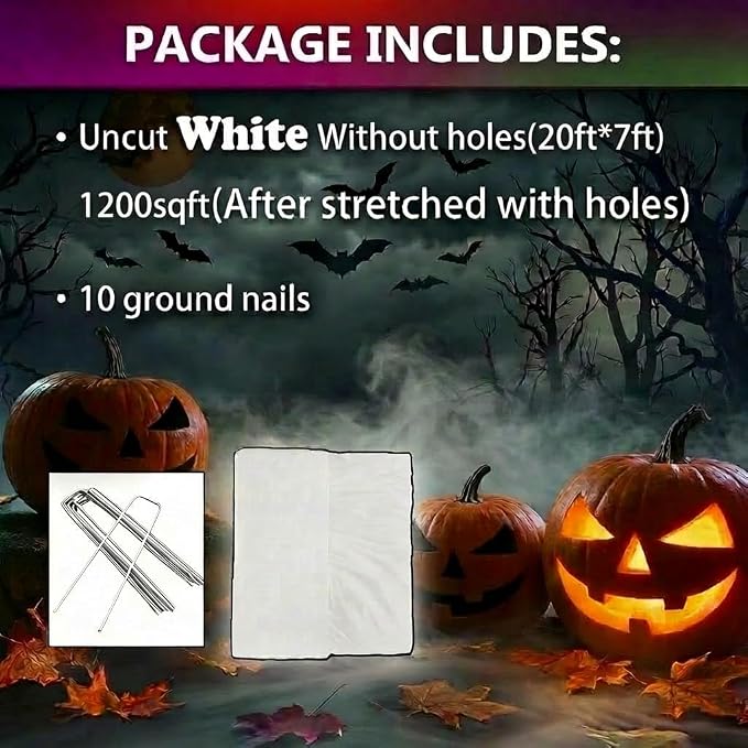 1200 Sqft （After Streched with Holes） Uncut Giant Spider Web Halloween Decorations Outdoor with 10 Ground Nails Stretchy Beef Cloth Netting Cut-Your-Own Flexible Elastic for Yard Party Decor
