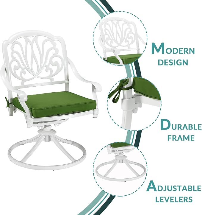 MEETWARM 9-Piece Outdoor Patio Dining Set, All-Weather Cast Aluminum Patio Conversation Set with 2 Swivel Rocker Chairs, 6 Stationary, 1 Oval Table, 8 Cushions, 2" Umbrella Hole, White