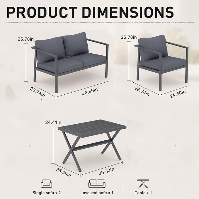 Aluminum Patio Sectional Furniture Set, 4 Piece Patio Conversation Sets Outdoor Patio Furniture Set Sofa with Coffee Table & Washable Cushions Grey