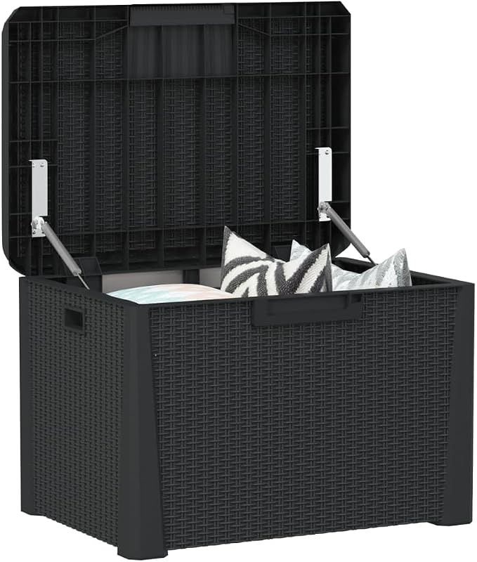 Patio Storage Chest 33 Gallon Outdoor Storage Box with Rattan Look and Gas-Lift Design, Lockable PP Garden Container for Cushions and Tools